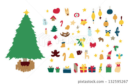 聖誕樹插圖。一套十二月主題的聖誕樹和裝飾品。聖誕老人和馴鹿裝飾。 132595267