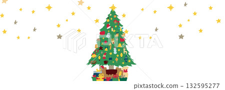 Christmas tree illustration. Set of December trees and ornaments. Santa and reindeer decorations. 132595277