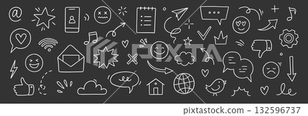 Emoji internet sketch icon set. Internet conversation, media outline tech emoji, star, arrow shape. Hand drawn sketch chat emoticon reaction, cloud, smile face on chalkboard. Vector Emoji internet sketch icon set. Internet conversation, media outline tech emoji, star, arrow shape. Hand drawn sketch chat emoticon reaction, cloud, smile face on chalkboard. Vector 132596737