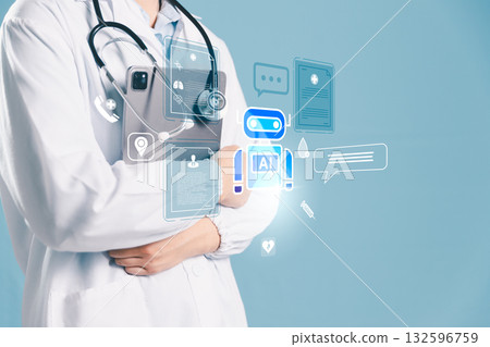 AI assistant supports online medical consultation and telemedicine, using artificial intelligence and analytics to enhance healthcare, improve remote patient care, advance digital health solutions. 132596759