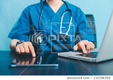 Doctor and medical worker in virtual environment to manage health information, quality certificates, checklists, document, analyst support marketing planning, medical report, work quality standard. Doctor and medical worker in virtual environment to manage health information, quality certificates, checklists, document, analyst support marketing planning, medical report, work quality standard. 132596760