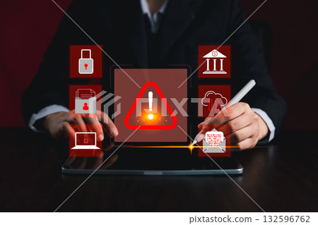 Cyber security warning alert system concept. computer network compromised illegal connection, exposing data, software, such virus, facilitate hack commit cyber crime steals sensitive information. Cyber security warning alert system concept. computer network compromised illegal connection, exposing data, software, such virus, facilitate hack commit cyber crime steals sensitive information. 132596762