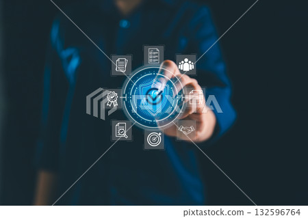 Businesswoman presents project management concept focused on quality assurance and control, featuring ISO standard guarantee marked by tick sign of approval to ensure everything is correct, certified. Businesswoman presents project management concept focused on quality assurance and control, featuring ISO standard guarantee marked by tick sign of approval to ensure everything is correct, certified. 132596764