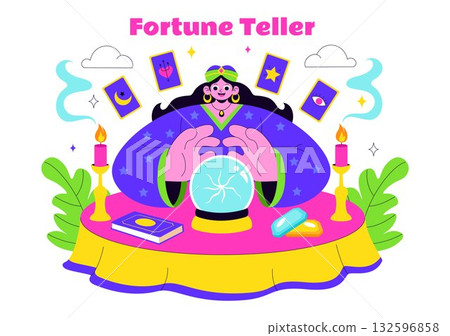 Fortune Teller Vector Illustration with Crystal Ball, Magic Book, and Tarot Cards for Predicting Destiny and Telling the Future in a Flat Background Fortune Teller Vector Illustration with Crystal Ball, Magic Book, and Tarot Cards for Predicting Destiny and Telling the Future in a Flat Background 132596858