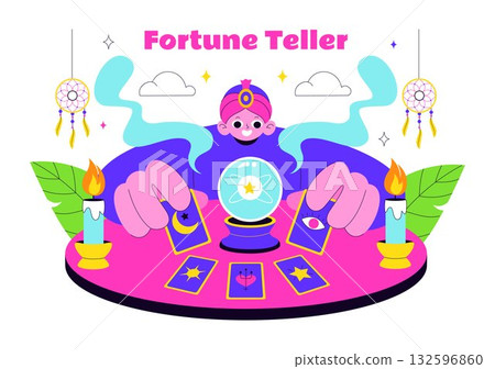 Fortune Teller Vector Illustration with Crystal Ball, Magic Book, and Tarot Cards for Predicting Destiny and Telling the Future in a Flat Background 132596860