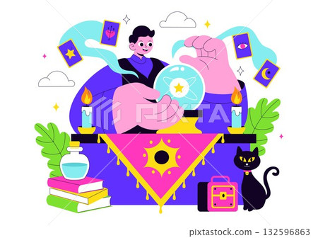 Fortune Teller Vector Illustration with Crystal Ball, Magic Book, and Tarot Cards for Predicting Destiny and Telling the Future in a Flat Background 132596863