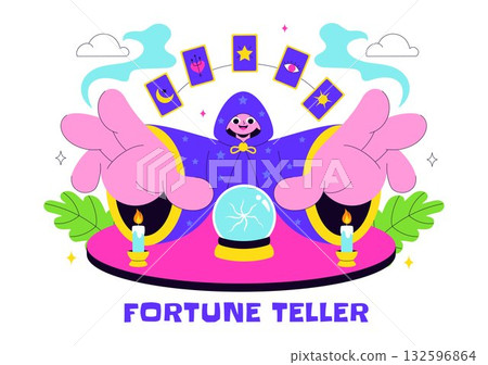 Fortune Teller Vector Illustration with Crystal Ball, Magic Book, and Tarot Cards for Predicting Destiny and Telling the Future in a Flat Background 132596864
