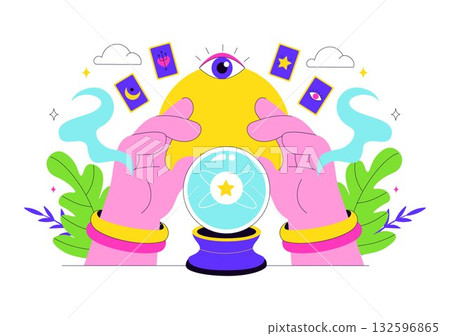 Fortune Teller Vector Illustration with Crystal Ball, Magic Book, and Tarot Cards for Predicting Destiny and Telling the Future in a Flat Background 132596865