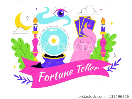 Fortune Teller Vector Illustration with Crystal Ball, Magic Book, and Tarot Cards for Predicting Destiny and Telling the Future in a Flat Background Fortune Teller Vector Illustration with Crystal Ball, Magic Book, and Tarot Cards for Predicting Destiny and Telling the Future in a Flat Background 132596866