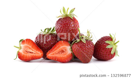 Vibrant red strawberries, some sliced open, arranged on a white backdrop. Vibrant red strawberries, some sliced open, arranged on a white backdrop. 132596877