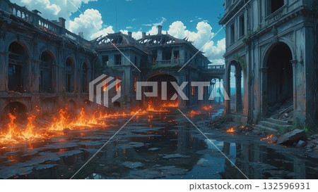 遊戲背景：燃燒的古代寺廟遺址街景。 132596931