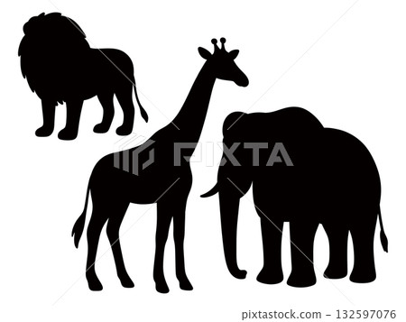 長頸鹿、獅子和大象的剪影插圖 長頸鹿、獅子和大象的剪影插圖 132597076