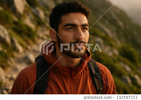 Young man hiking along a rocky mountain trail at sunrise, wearing an orange jacket and carrying a backpack, looking determined, AI Generative 132597151