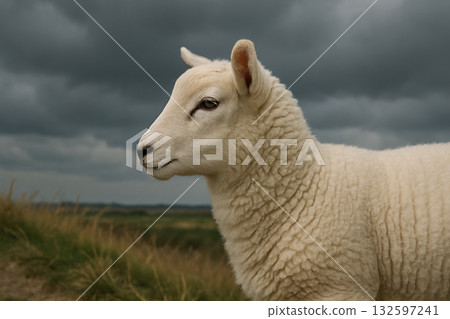 White lamb standing outdoors on grassy hillside beneath cloudy sky, displaying thick wool and calm expression in natural environment, AI Generative 132597241