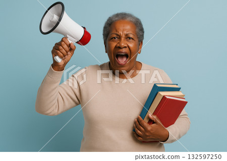 Elderly woman passionately speaking through megaphone holding books, advocating for education and community awareness on blue background, AI Generative Elderly woman passionately speaking through megaphone holding books, advocating for education and community awareness on blue background, AI Generative 132597250