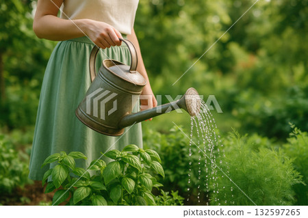 Woman watering green herb garden using metal watering can in summer, nurturing fresh plants surrounded by lush natural foliage, AI Generative 132597265