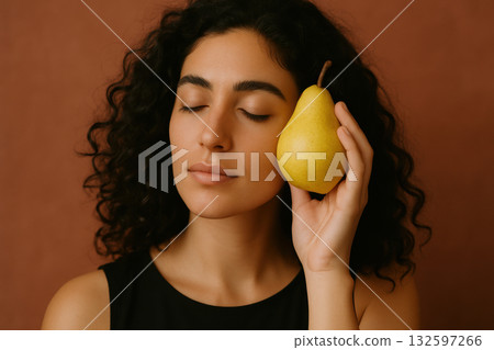 Peaceful young woman with curly hair enjoying the scent of a fresh yellow pear in front of a minimalist brown background, AI Generative 132597266