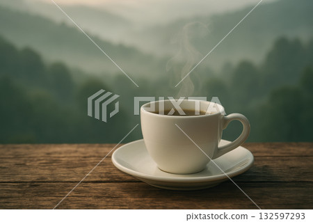 Steaming cup of coffee on wooden table overlooking misty green mountain landscape during tranquil early morning sunrise, AI Generative 132597293