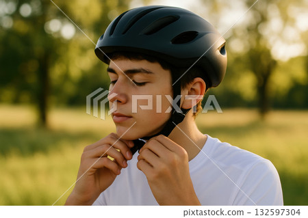 Teen boy fastening black protective helmet outdoors before cycling in summer park with blurred greenery in background, AI Generative 132597304