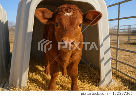 Curious brown calf standing inside a shelter on straw bedding in a sunny rural farmyard, surrounded by metal fencing, AI Generative Curious brown calf standing inside a shelter on straw bedding in a sunny rural farmyard, surrounded by metal fencing, AI Generative 132597305