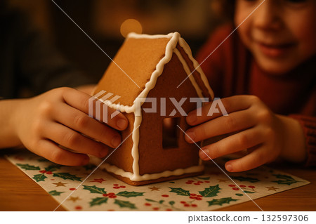 Children building a gingerbread house together with icing on a festive table decorated with holly patterned paper, AI Generative 132597306