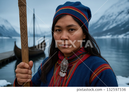 Indigenous woman in traditional attire stands by a wooden boat on a fjord, surrounded by snowy mountains and calm waters, AI Generative Indigenous woman in traditional attire stands by a wooden boat on a fjord, surrounded by snowy mountains and calm waters, AI Generative 132597336
