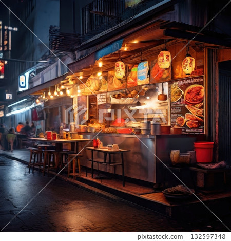 an AI Image Generator, Vibrant Night Market Food Stall With Grilled Dishes And Steam 132597348