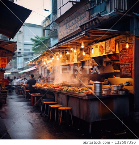 an AI Image Generator, Vibrant Night Market Food Stall With Grilled Dishes And Steam 132597350