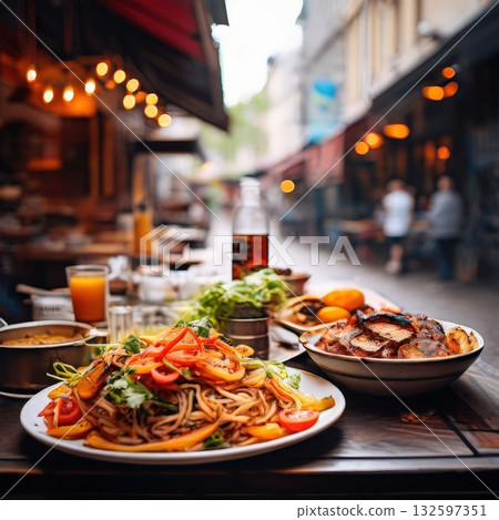 an AI Image Generator, Vibrant Night Market Food Stall With Grilled Dishes And Steam 132597351