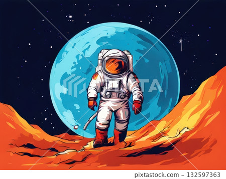 an AI Image Generator, Astronaut Standing on Red Desert Planet With a Blue Planet in Space 132597363