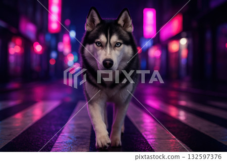 Majestic siberian husky walking confidently along neon lit city street at night with vibrant glowing urban lights in the background, AI Generative 132597376