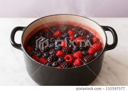 Fresh mixed berries simmering in a black pot on marble countertop, releasing steam and creating a vibrant, colorful dessert base, AI Generative 132597377