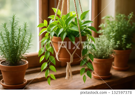 Hanging potted plant with vibrant green leaves in a macrame holder by a sunny window surrounded by potted herbs indoors, AI Generative 132597378