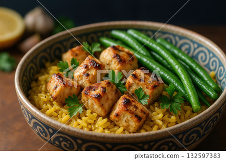 Grilled tofu cubes served over turmeric rice with fresh green beans and parsley garnished in a decorative ceramic bowl, AI Generative 132597383
