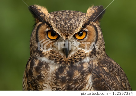 Close up of a great horned owl with striking yellow eyes and patterned feathers against a natural green background, AI Generative 132597384