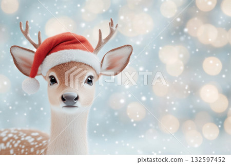Adorable young deer wearing a festive santa hat surrounded by soft falling snow and sparkling winter holiday lights, AI Generative 132597452