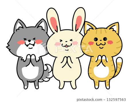 狗、貓和兔子三人手牽手 132597563