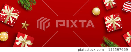 Red christmas festive background with gift boxes and ornaments. 132597669