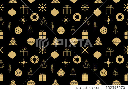 Elegant gold christmas pattern seamless design with festive icons on dark background. 132597670