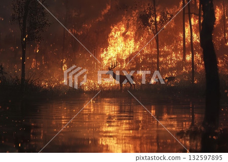 Majestic Deer Surrounded by Flames in Fiery Forest Landscape at Twilight Reflection in Water 132597895