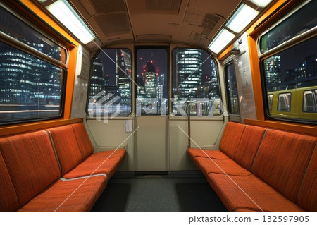 A train with orange seats and a window that shows a city at night 132597905