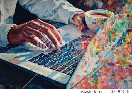 A man is typing on a laptop while holding a cup of coffee 132597906
