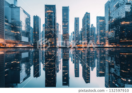 A city skyline is reflected in a body of water 132597910