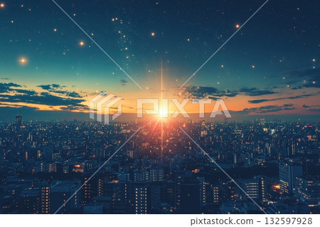 Vibrant Cityscape at Sunset with Starburst Effect and Glowing Skyline Over Urban Landscape 132597928