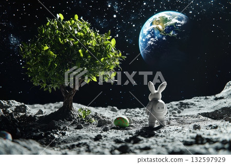 Bunny Figurine on Moon Surface with Earth in Background and Colorful Egg Near Tree Bunny Figurine on Moon Surface with Earth in Background and Colorful Egg Near Tree 132597929