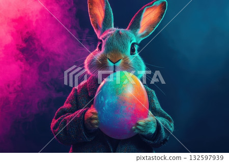 Colorful Easter Bunny Holding Vibrant Egg in Mystical Smoke Background for Spring Celebration Colorful Easter Bunny Holding Vibrant Egg in Mystical Smoke Background for Spring Celebration 132597939