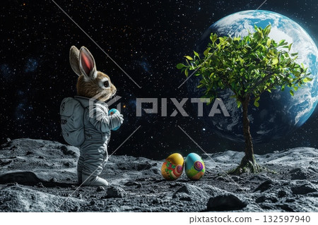 Astronaut Rabbit on Moon with Colorful Easter Eggs and Earth in the Background Astronaut Rabbit on Moon with Colorful Easter Eggs and Earth in the Background 132597940
