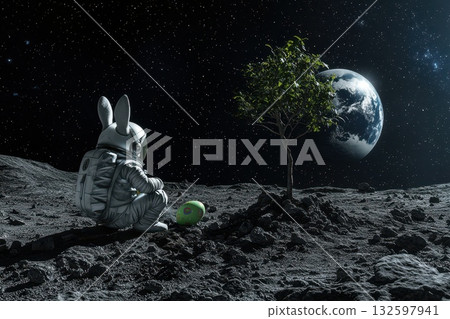 Astronaut Bunny Sitting by a Tree on the Moon with Earth in the Background at Night Astronaut Bunny Sitting by a Tree on the Moon with Earth in the Background at Night 132597941