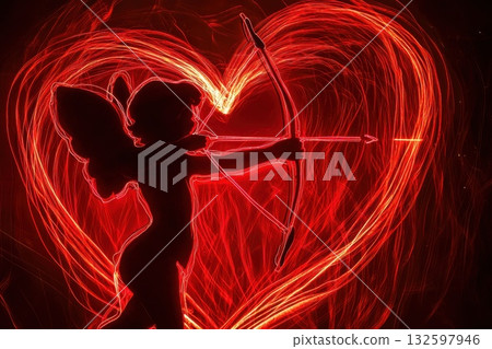 Silhouette of Cupid Drawing Heart Shape with Arrow Lines in Fiery Red Glow Background Silhouette of Cupid Drawing Heart Shape with Arrow Lines in Fiery Red Glow Background 132597946