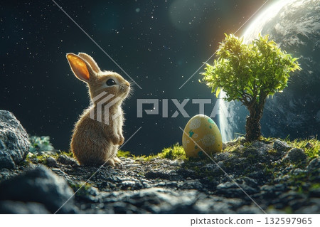 Cute Bunny Staring at Colorful Egg Under Tree with Earth in Background and Starry Sky 132597965